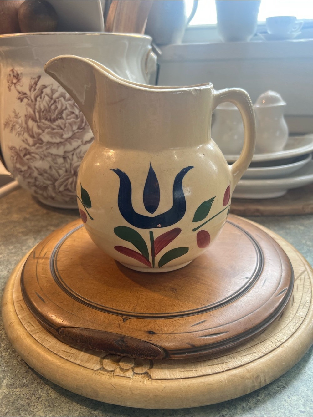 Watt Pottery #16 Pitcher
Dutch Tulip USA Oven Ware, Vintage Yellowware, Crazing